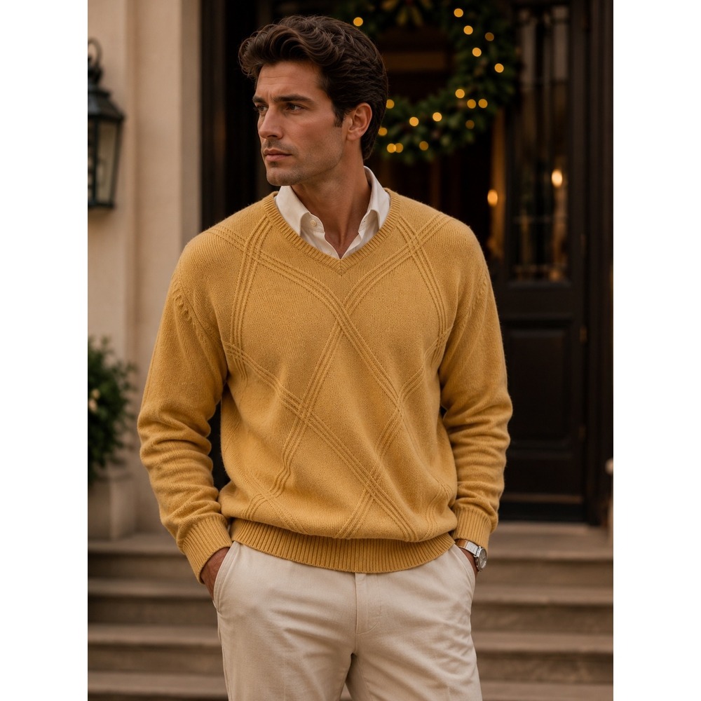 Jos A Bank Mens Lambswool Argyle Sweater Size L Mustard Yellow V Neck‎ Old Money